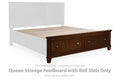 Queen storage footboard with roll slats, dark brown wooden drawers and slatted top