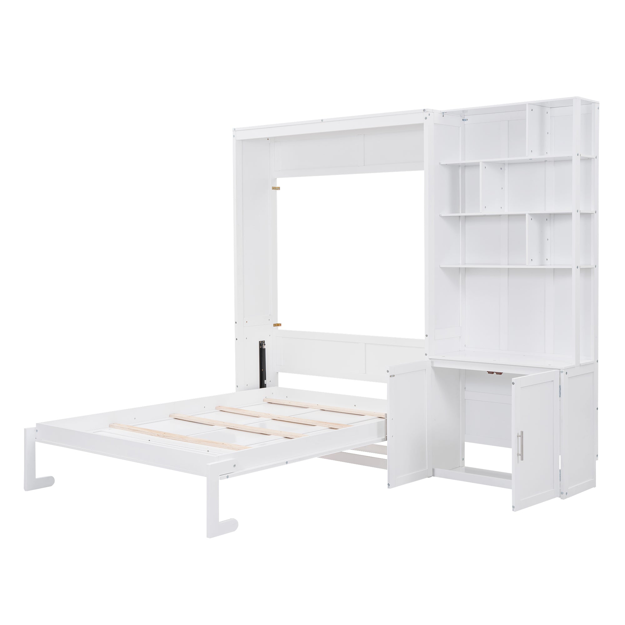 Full Size White Murphy Bed: Integrated Shelves & Cabinet Storage