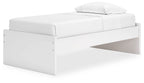 White platform bed with open-under shelf and low side panels
