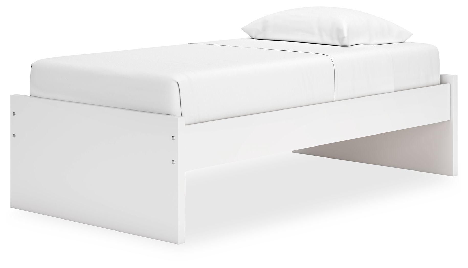 White platform bed with open-under shelf and low side panels