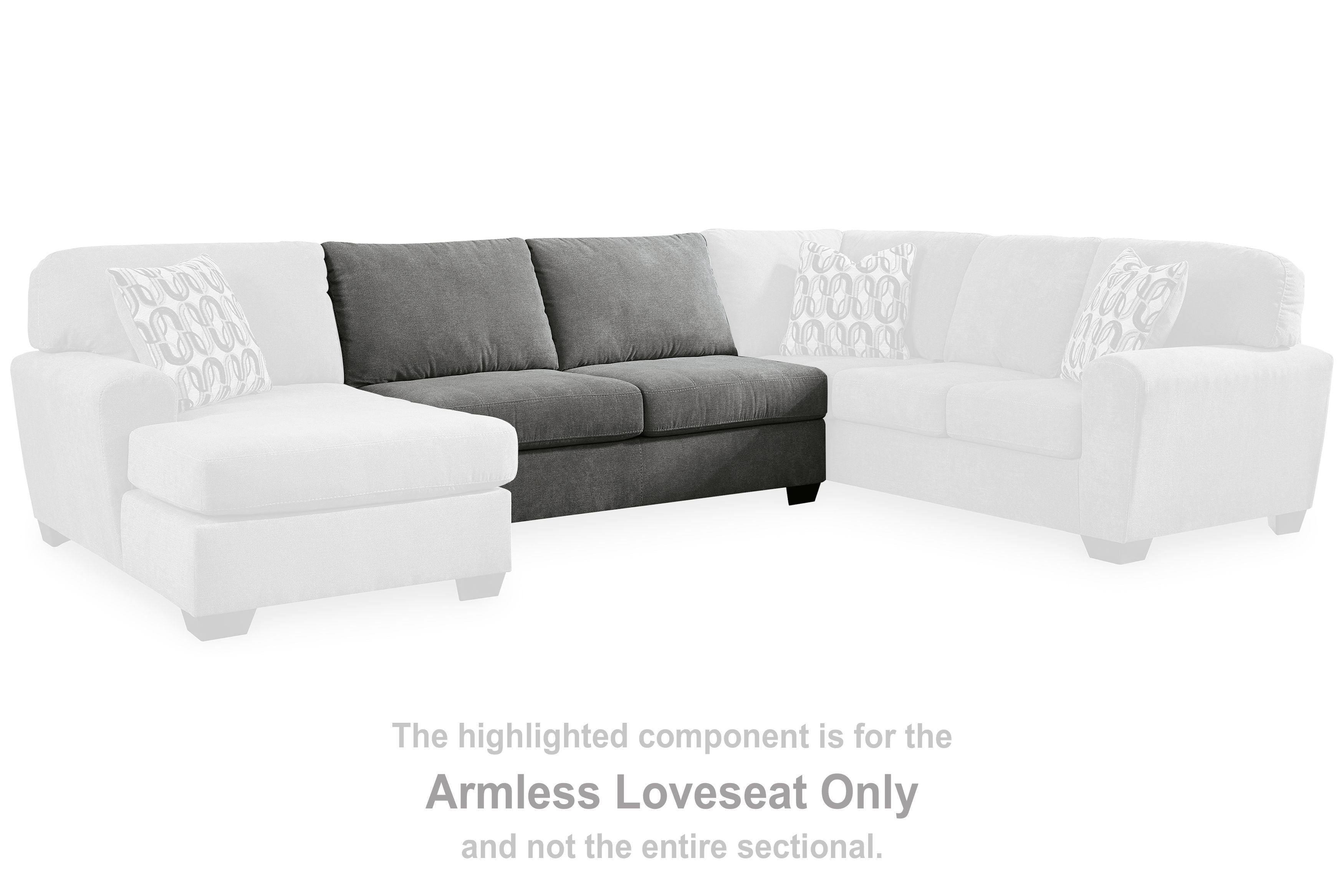 Gray armless loveseat with two seat cushions and three throw pillows