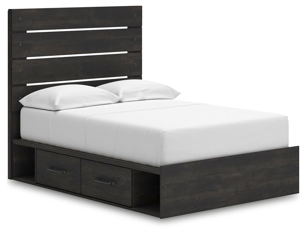 Dark gray panel bed with storage drawers and upholstered headboard, white mattress