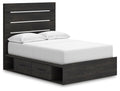 Dark gray panel bed with storage drawers and upholstered headboard, white mattress