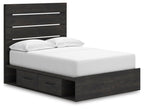Dark gray panel bed with storage drawers and upholstered headboard, white mattress