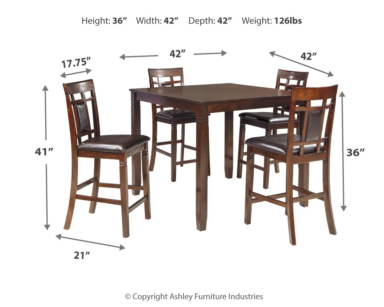 Counter table set diagram showing height, width, and depth for table and chairs