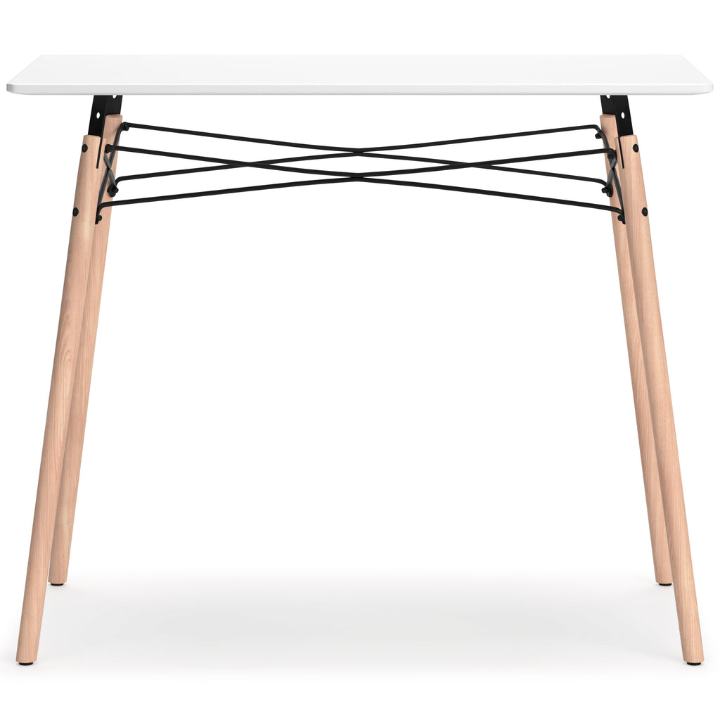 Jaspeni home office desk with white tabletop, light wood legs, and black metal cross-bracing