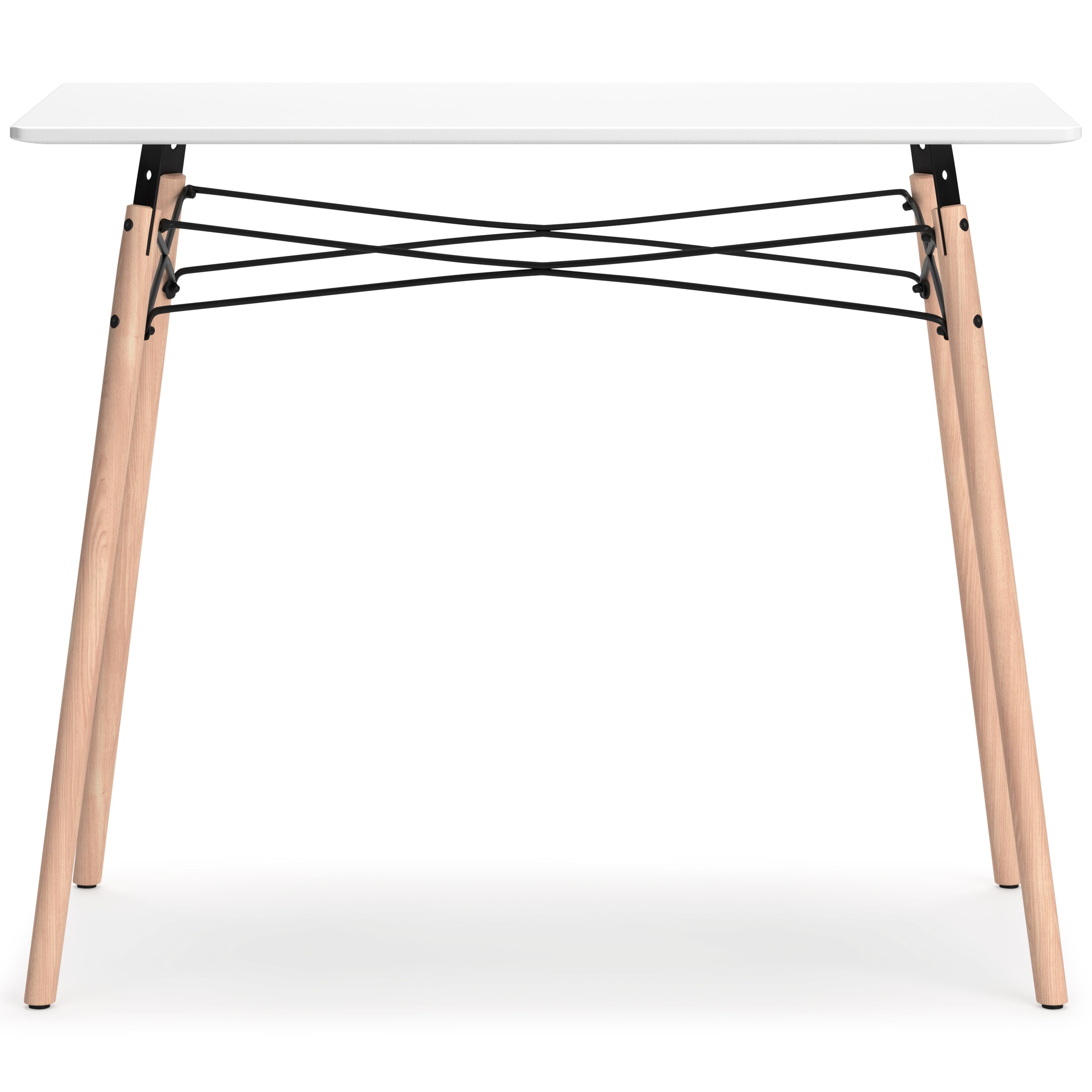 Jaspeni home office desk with white tabletop, light wood legs, and black metal cross-bracing
