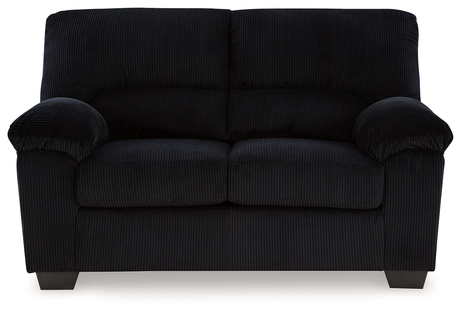 Upholstered loveseat, black fabric, tufted back cushions and padded armrests