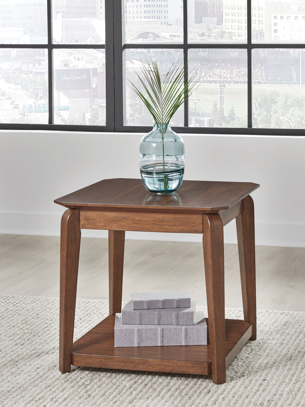 Square end table in medium brown wood with lower shelf and flat top panel