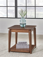 Square end table in medium brown wood with lower shelf and flat top panel