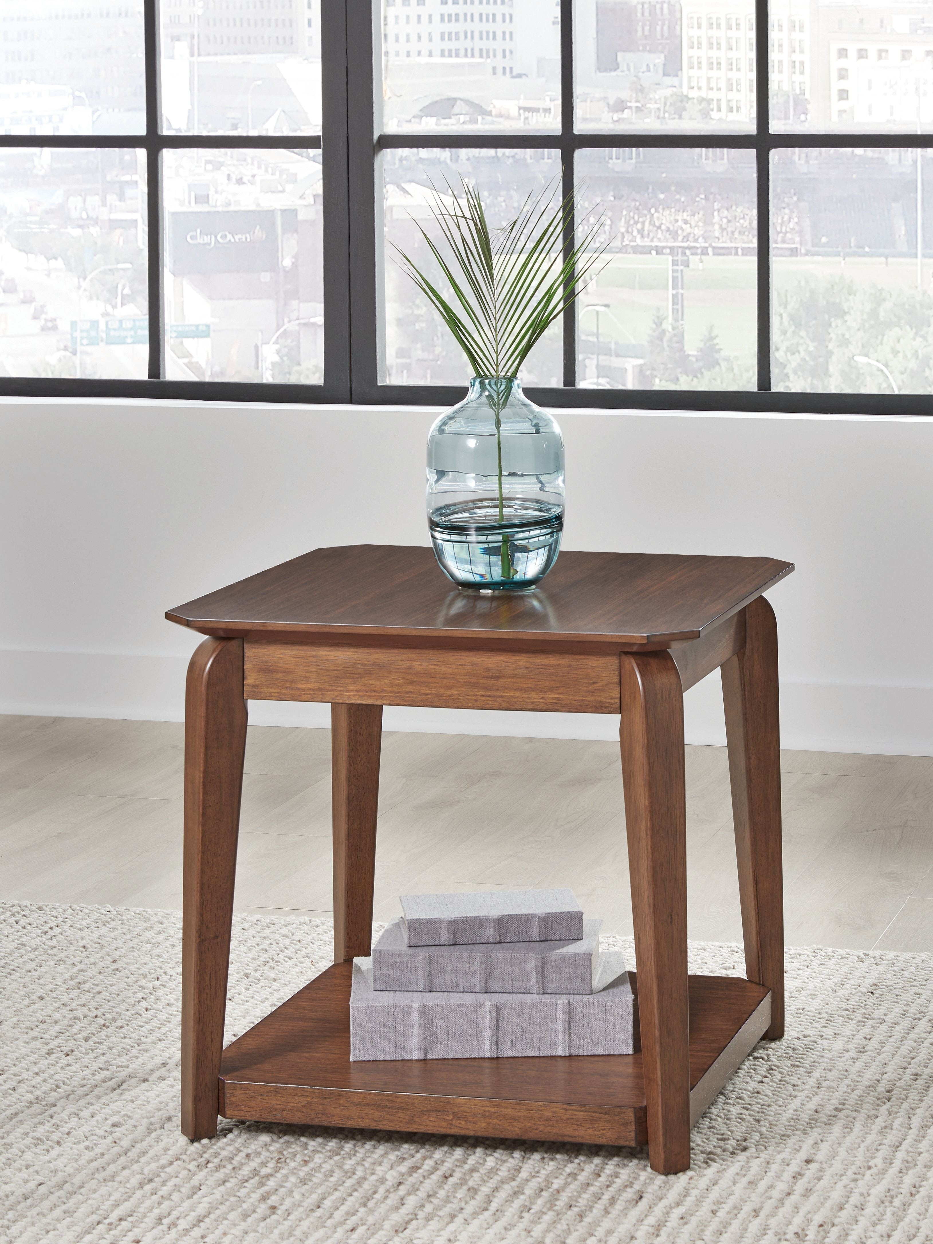 Square end table in medium brown wood with lower shelf and flat top panel