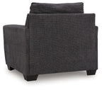 Loreo chair with dark gray fabric upholstery, wide seat, and sturdy dark legs