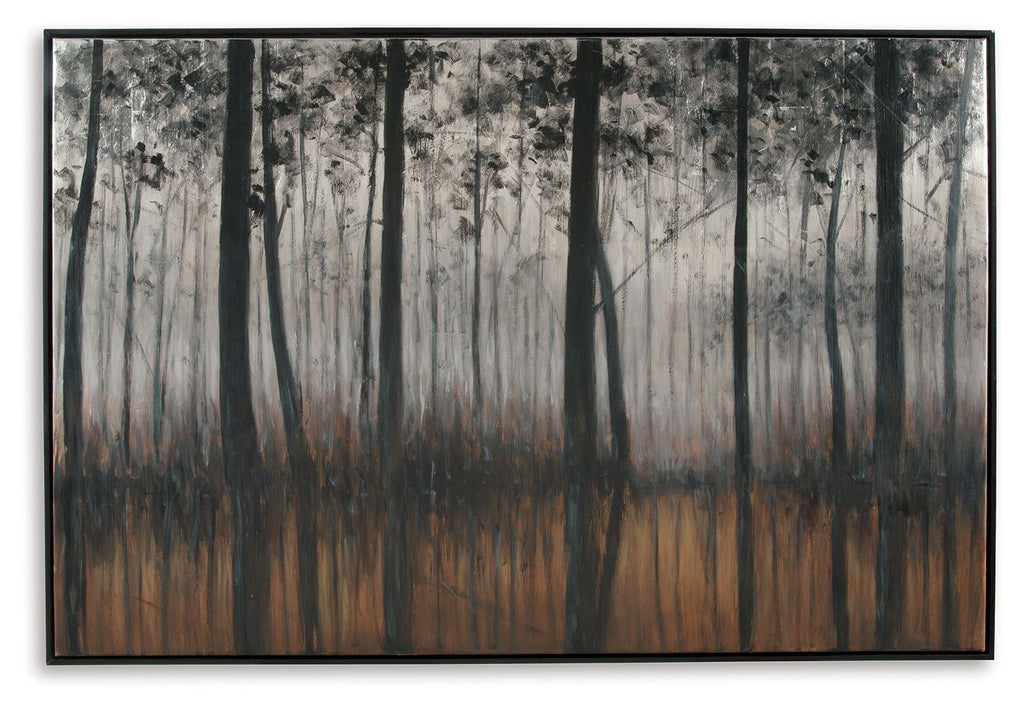 Framed forest wall art with black trunks and gray sky tones; dark brown foreground.