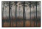 Framed forest wall art with black trunks and gray sky tones; dark brown foreground.