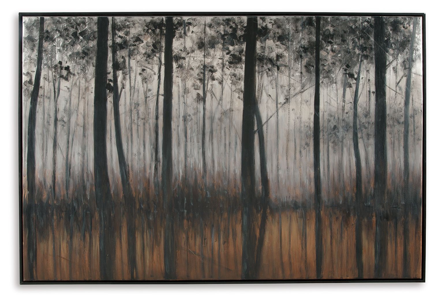 Framed forest wall art with black trunks and gray sky tones; dark brown foreground.