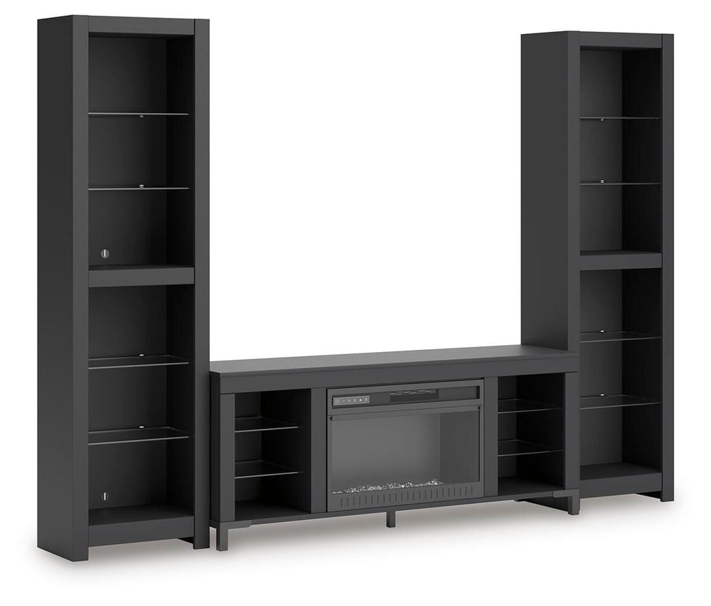 Black 3-piece entertainment center with electric fireplace and open shelving