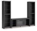 Black 3-piece entertainment center with electric fireplace and open shelving