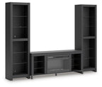 Black 3-piece entertainment center with electric fireplace and open shelving