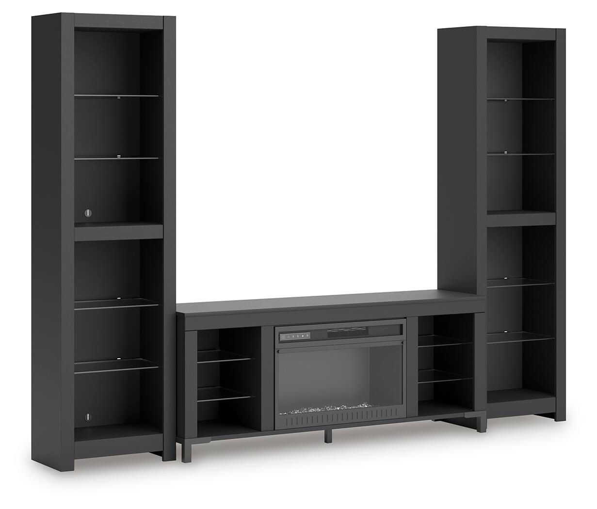 Black 3-piece entertainment center with electric fireplace and open shelving
