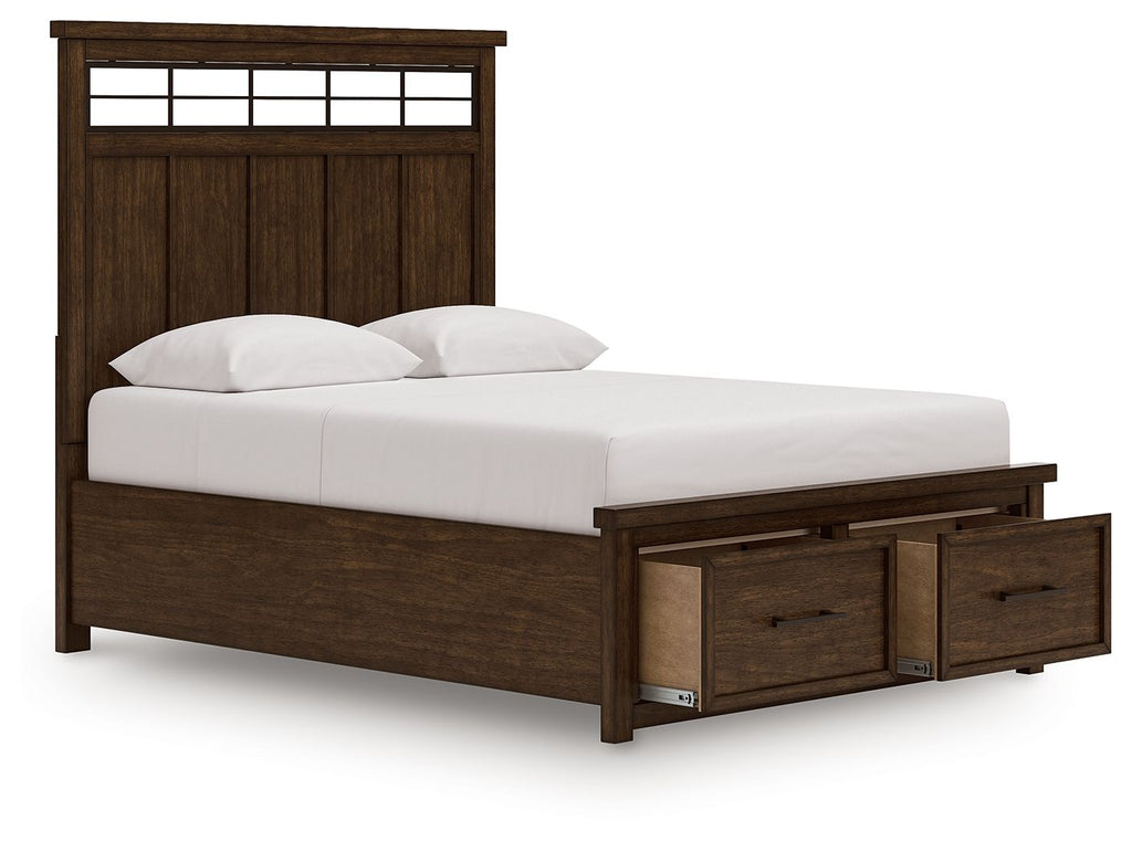 Dark brown storage bed with two drawers, panel headboard, and white pillows on frame