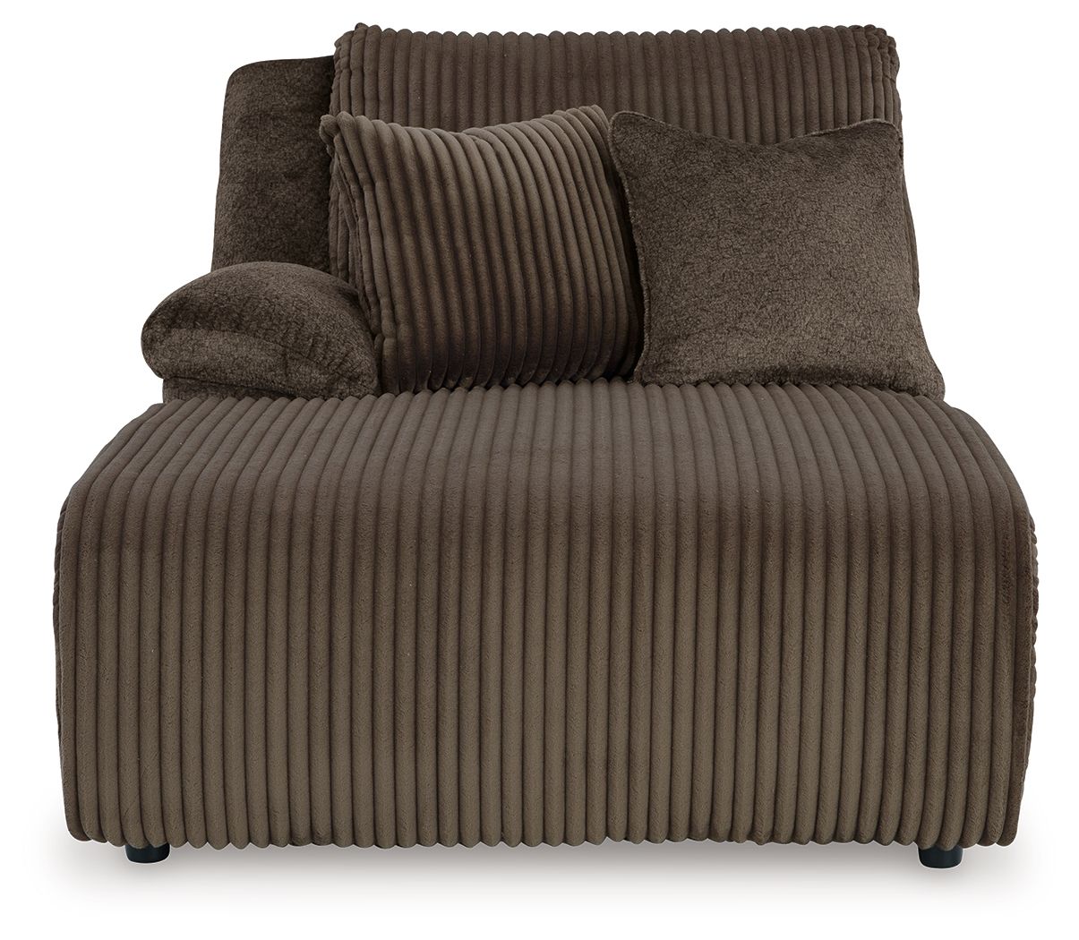 Dark brown ribbed fabric chaise lounge chair with rounded arms and back cushion