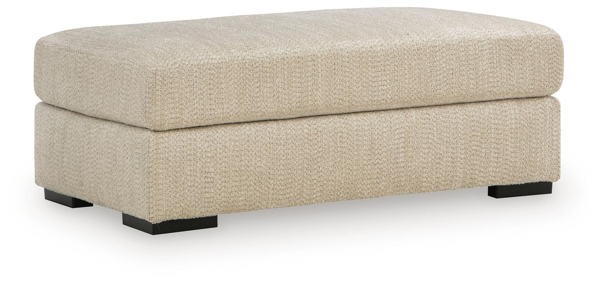 Lofwood Ottoman in textured beige fabric with rounded corners and black feet