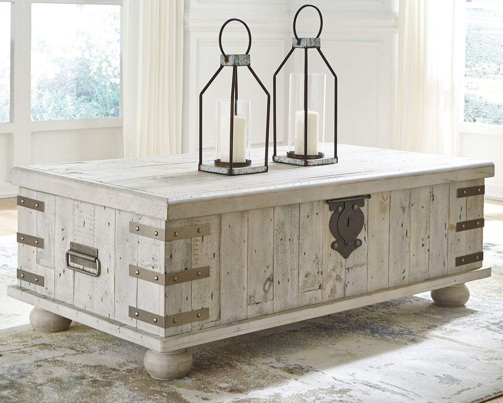 Whitewashed gray lift-top cocktail table with metal strap accents and sturdy legs