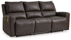 Dark charcoal power reclining sofa with padded arms and three back cushions