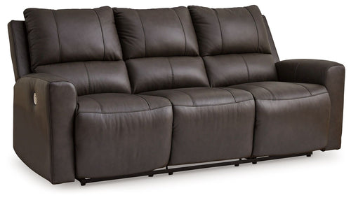 Dark charcoal power reclining sofa with padded arms and three back cushions