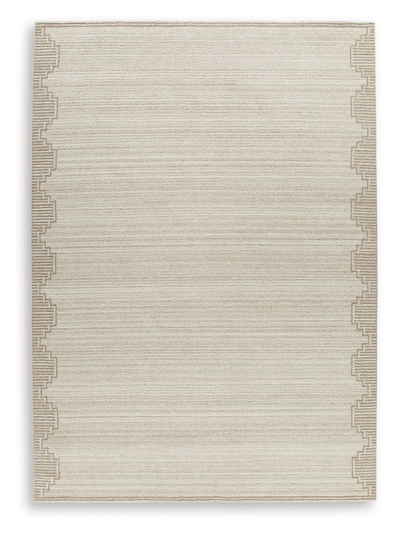 Beige rug with geometric border and flat center texture