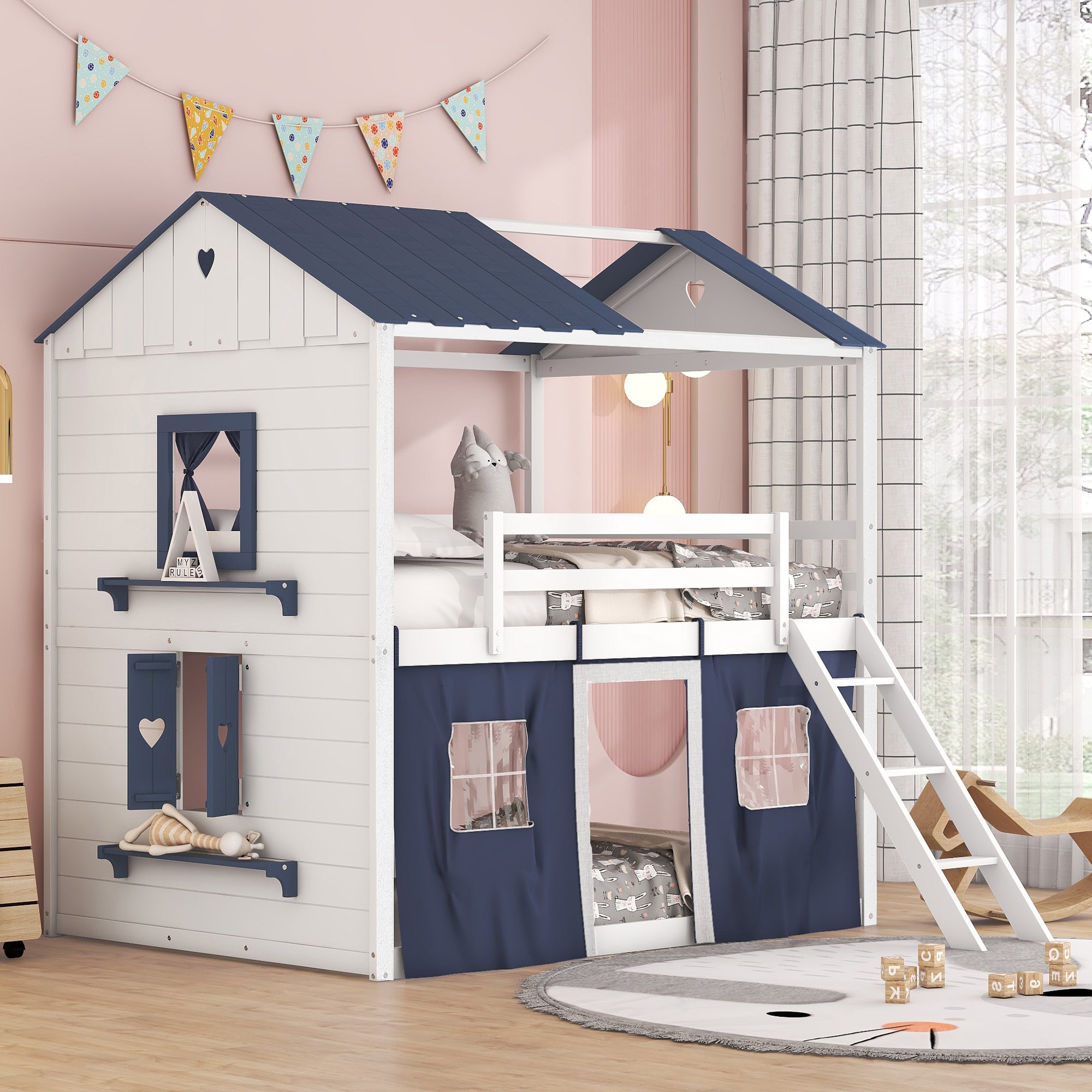 Full Size Wood House Bunk Bed with Tent, Blue+White