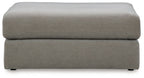 Upholstered oversized ottoman in ash gray with square top and block legs