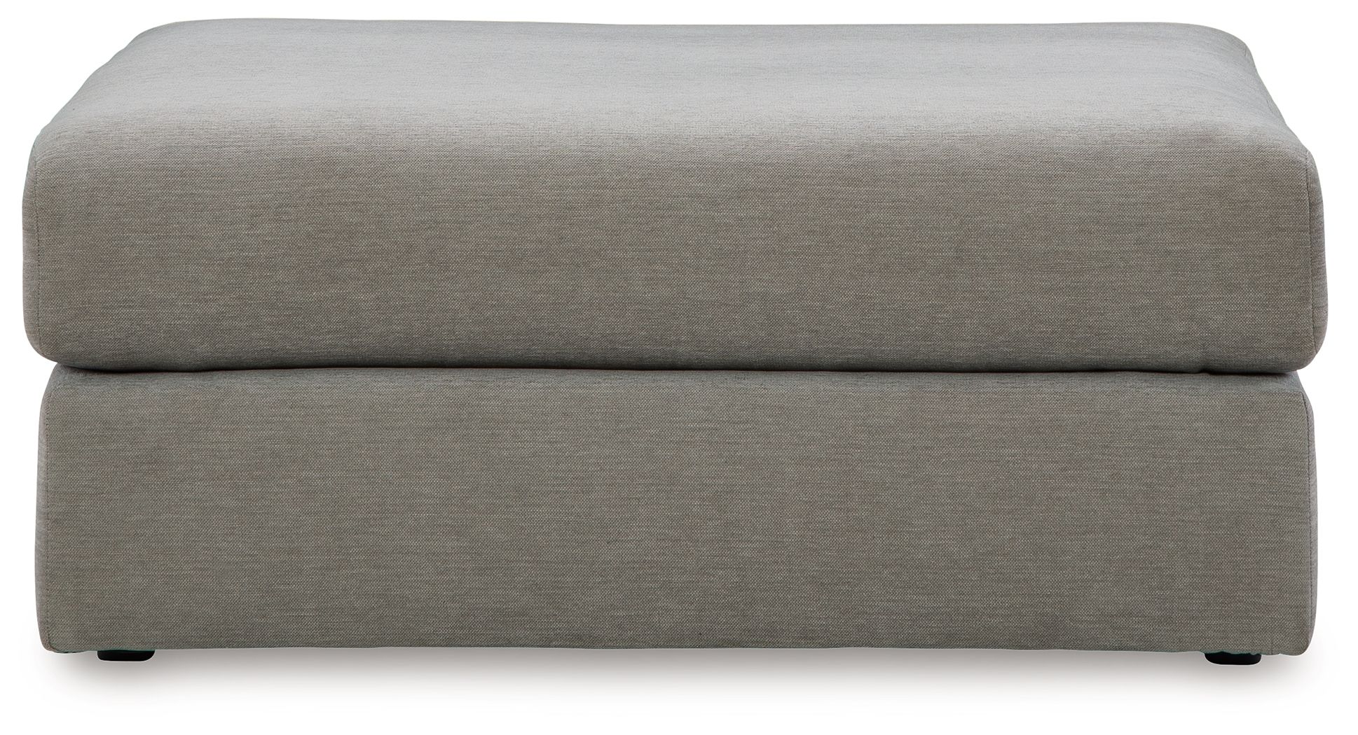 Upholstered oversized ottoman in ash gray with square top and block legs