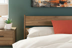 Honey wood full panel headboard with horizontal rails, warm oak tone