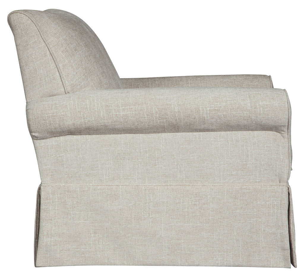 Light beige upholstered swivel glider accent chair, close-up of back and arms.