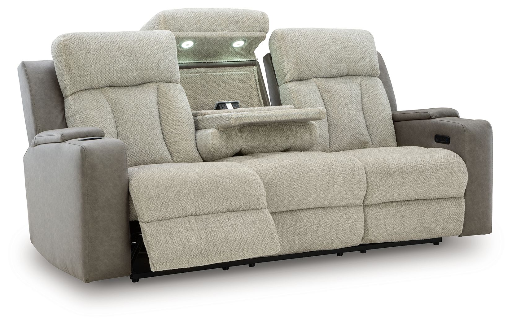 Power reclining sofa side view in light tan fabric with recline console on arm