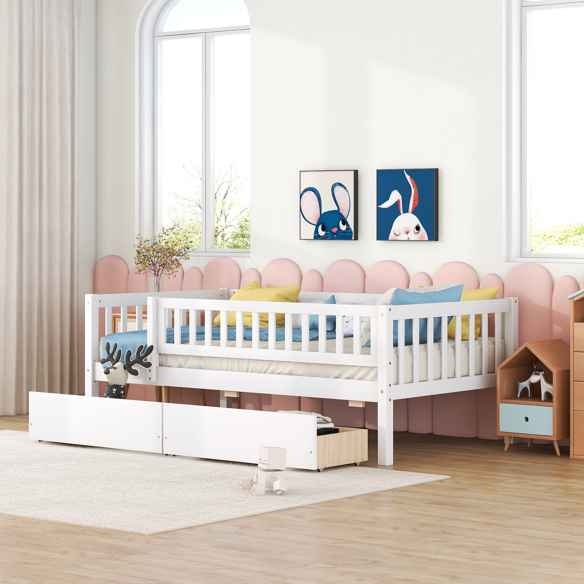 White Twin Daybed Wood Bed with 2 Drawers - Storage Solution