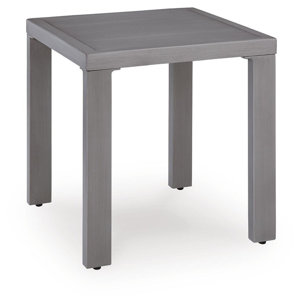 Gray square end table with flat top and four tapered legs