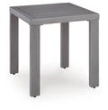 Gray square end table with flat top and four tapered legs