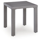 Gray square end table with flat top and four tapered legs
