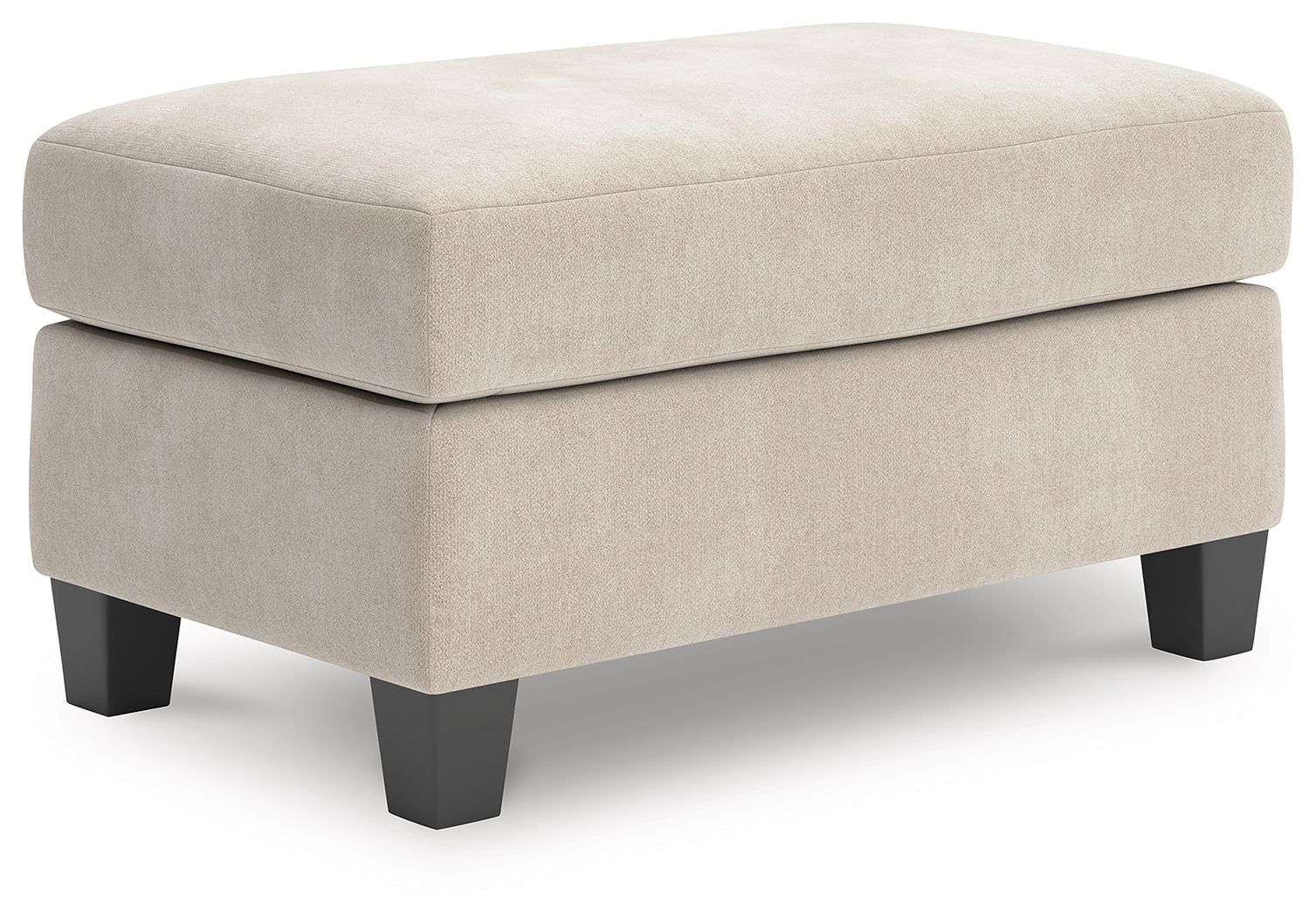 Taupe upholstered ottoman with padded seat and square top, dark wood legs