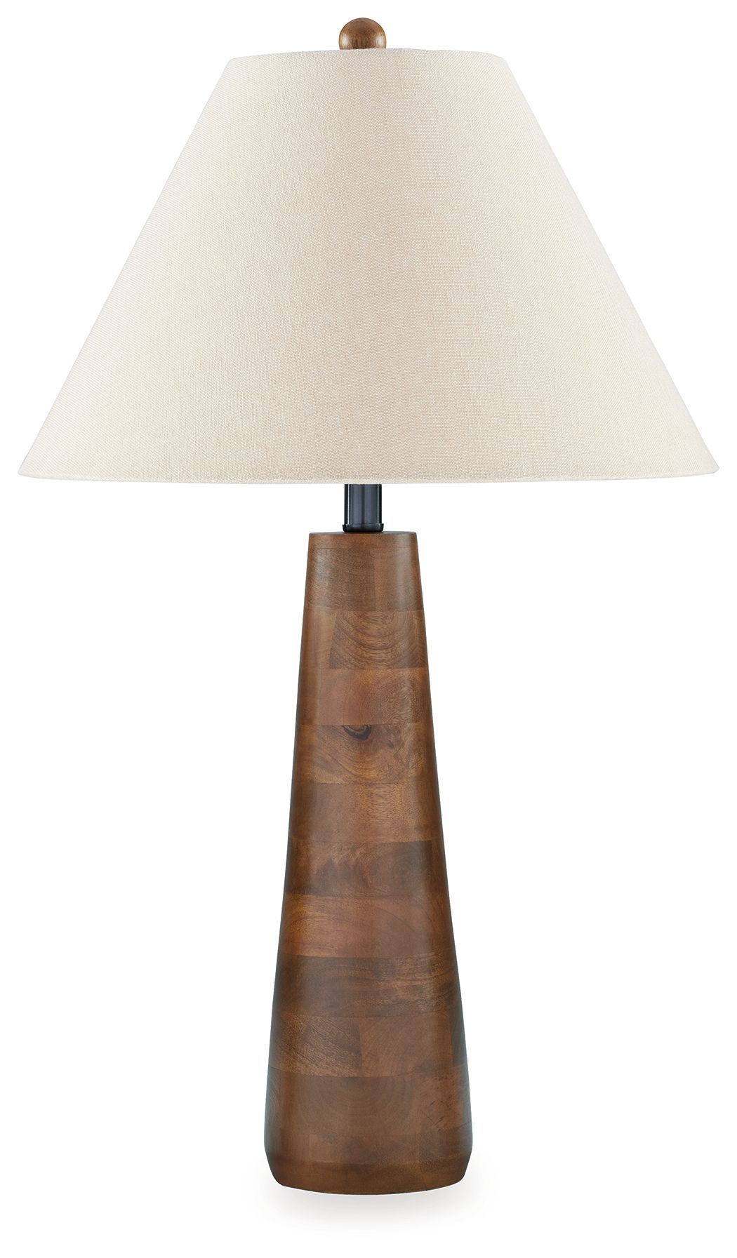 Table lamp with off-white fabric shade and dark brown tapered wood base