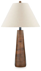 Wood floor lamp with cream fabric shade and dark brown tapered base
