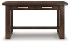 Dark brown home office desk with two center drawers and open lower shelf, front