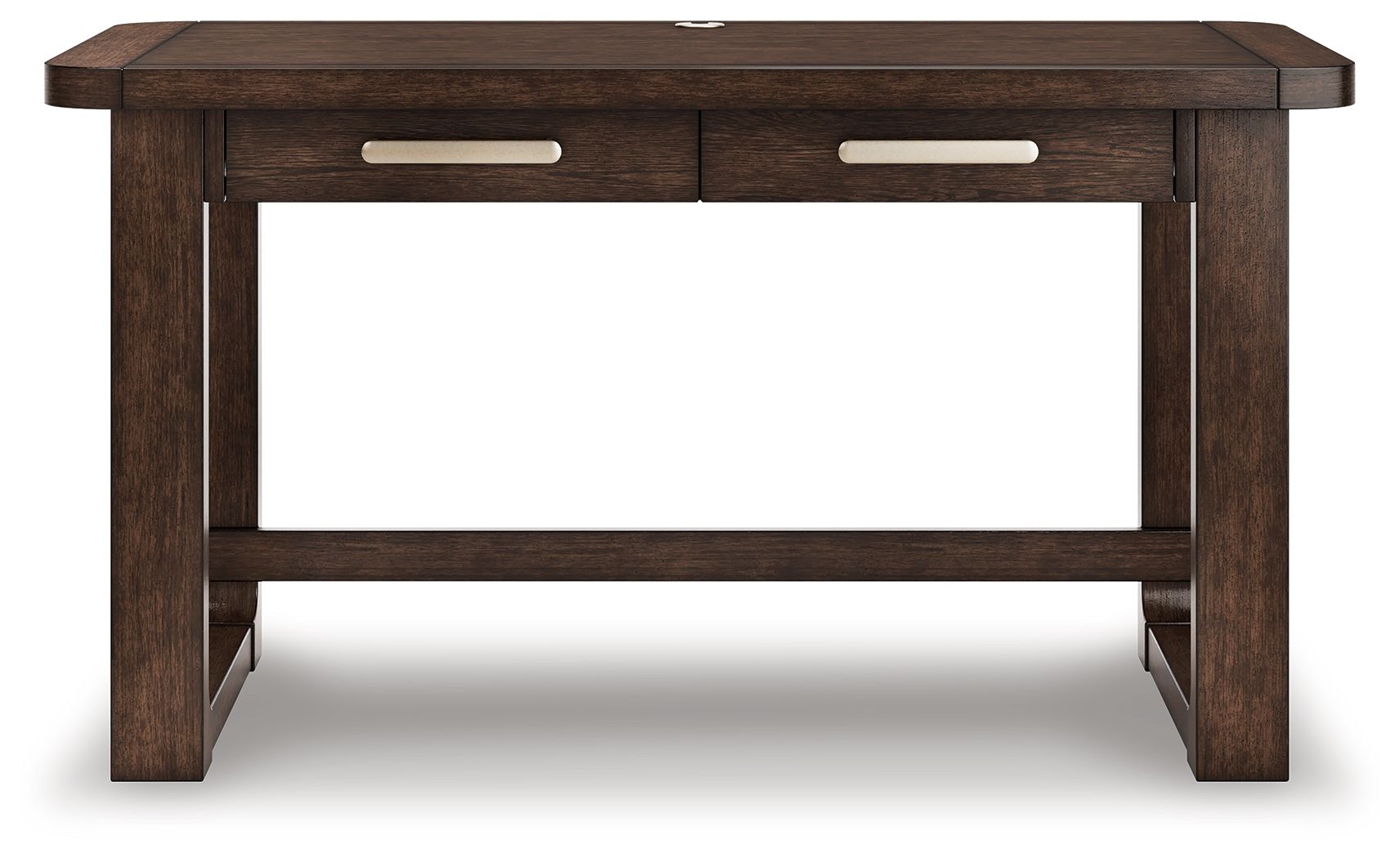 Dark brown home office desk with two center drawers and open lower shelf, front
