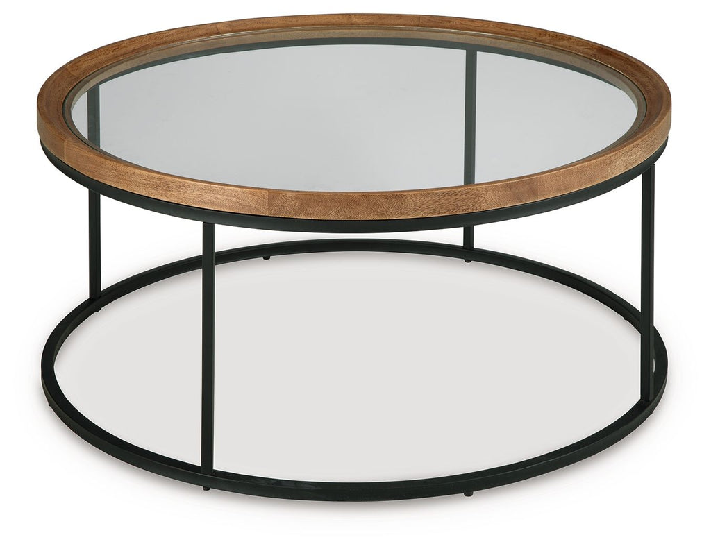 Round side table with clear glass top, light brown wood rim, black metal frame, circular lower shelf