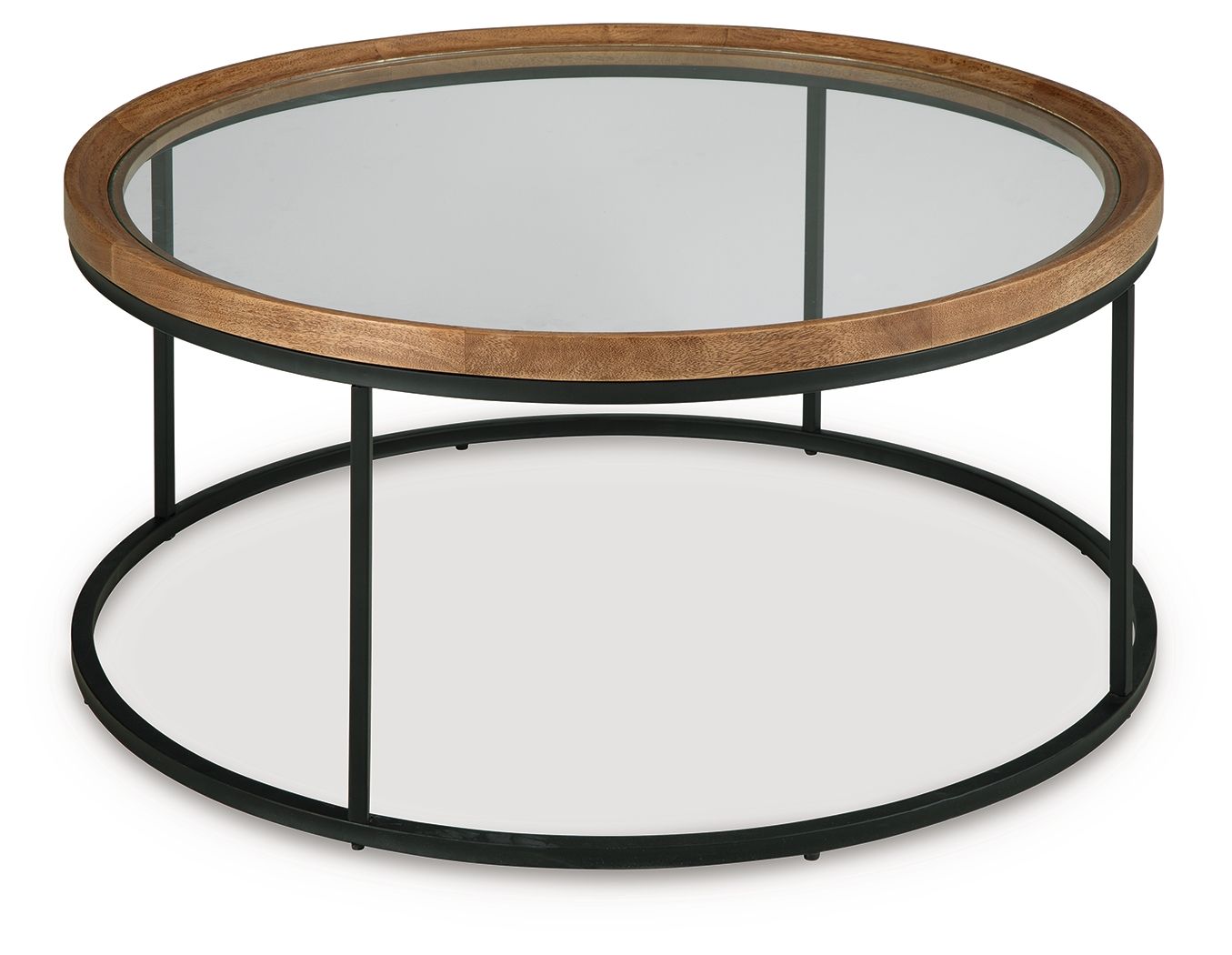 Round side table with clear glass top, light brown wood rim, black metal frame, circular lower shelf