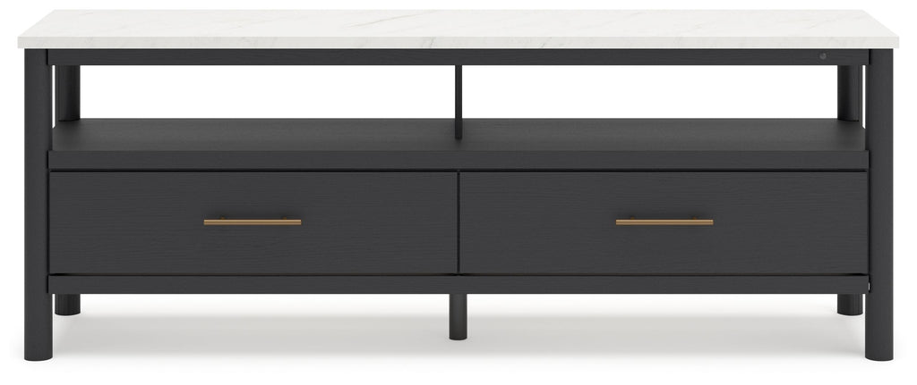 Black TV stand with white top, two drawers, and gold bar handles