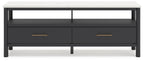 Black TV stand with white top, two drawers, and gold bar handles