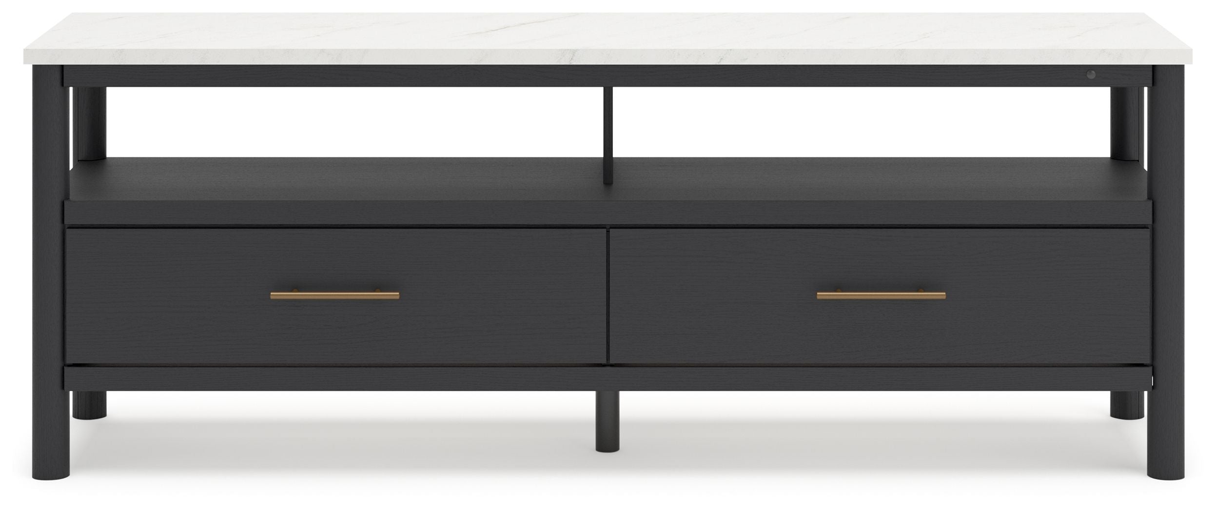 Black TV stand with white top, two drawers, and gold bar handles